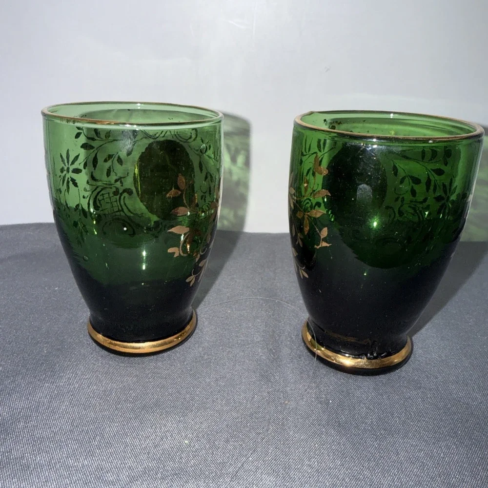MCM Green Venetian  Green Glass  Cordial   Floral Painted 2 1/2